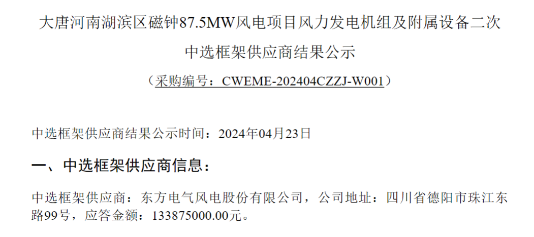 大唐4個風(fēng)電項目中標公示